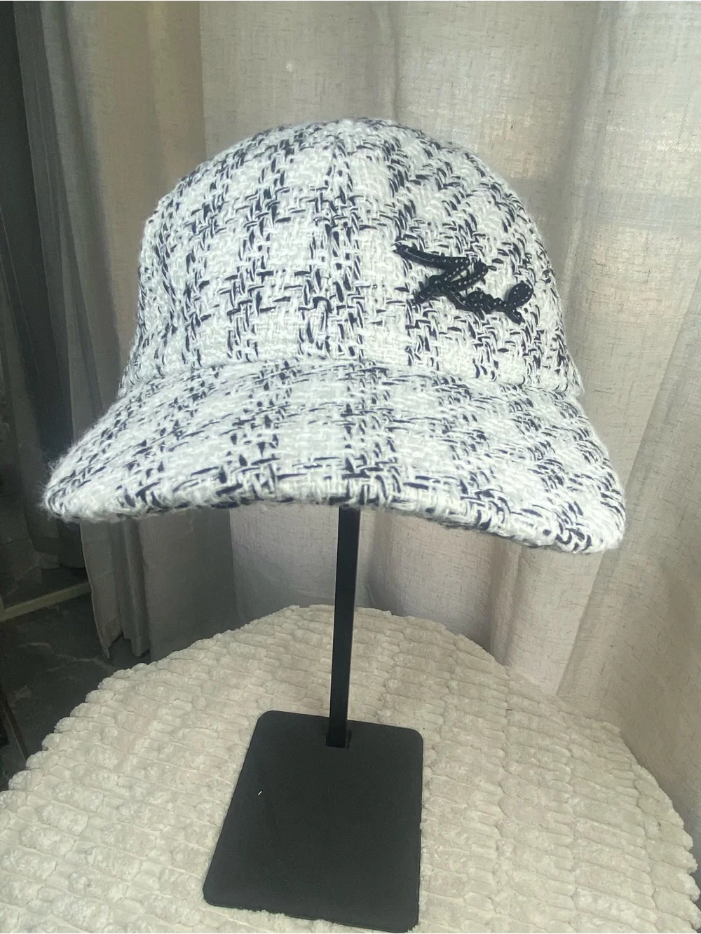 Karl Lagerfeld Paris Tweed Baseball Cap K/Signature Boucle Hat White Black